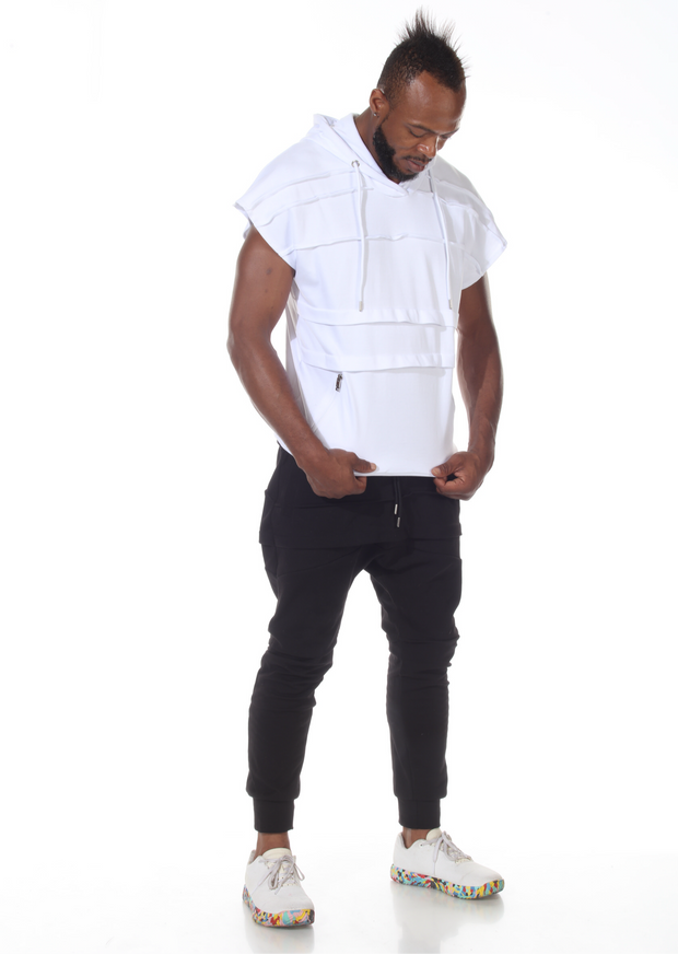 White Oversize Sleeveless Hoody With Layer Stitching Going Across Chest