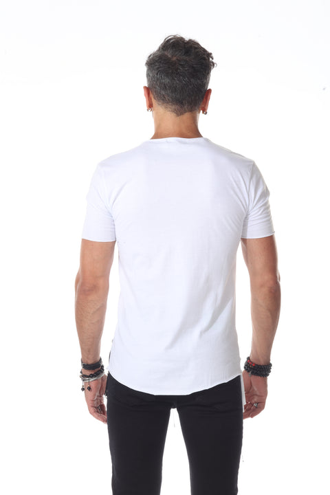 White Fashion Laser Cut Extended Tshirt With Black Strap Hanging and Loops With a Diagonal Cut In The Front Right