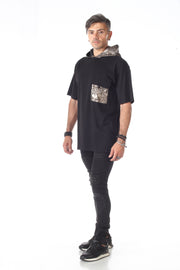 Black Oversize T-shirt With Foil Hoodie And Pocket