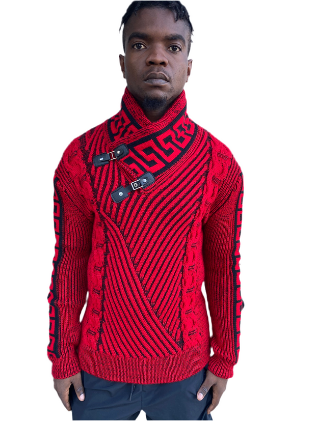 "Stephan" Red Long Sleeve Sweater Pull Over with Buckle On Neck