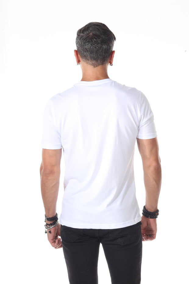 White & (Available In Black) Tshirt With Black Velvet Triangle On Chest With Small Dark Green Stone Details