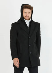 [Drew] Black-Single Breasted 100% Wool Pea Coat With Removable Hood