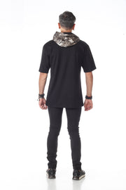 Black Oversize T-shirt With Foil Hoodie And Pocket