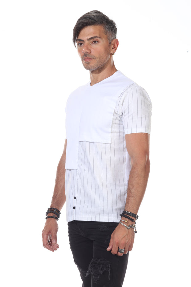 White Fashion T shirt With Pinstripes and Button