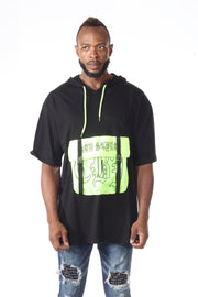 Black Oversize Hoodie Tshirt With Neon Front Pocket and straps