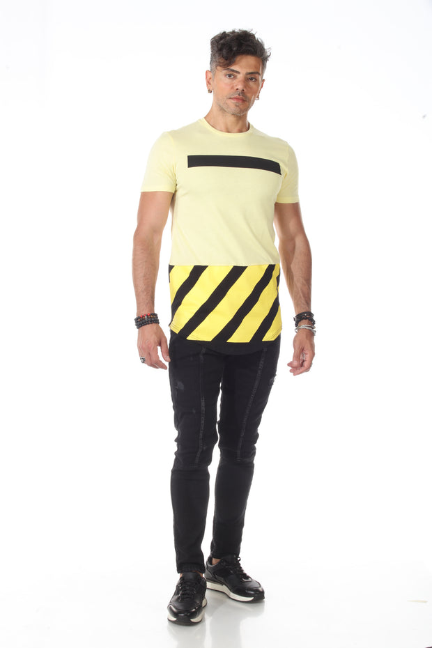 Yellow Tshirt With Black and Yellow Stripe, Cut And Saw on Bottom Of Tshirt With a scoop Finish