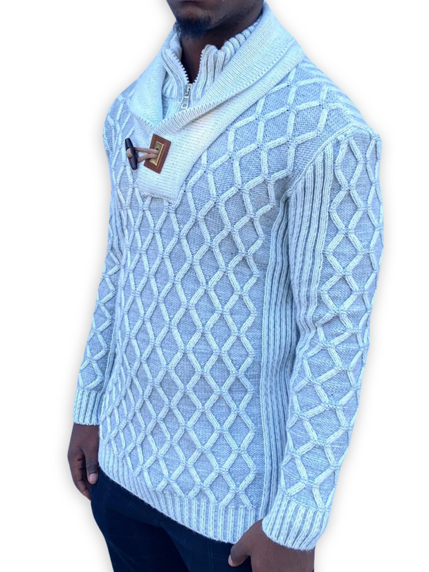 [Elton] White Men's Shawl Collar Sweater Pullover with Double Buckle