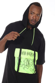 Black Oversize Hoodie Tshirt With Neon Front Pocket and straps