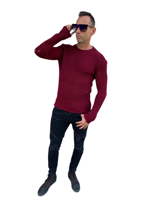 [Marvin] Red Distressed Light  Weight Knitted Crew Neck