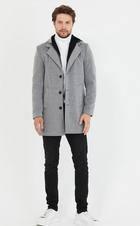 [Drew] Light Grey -Single Breasted 100% Wool Pea Coat With Removable Hood