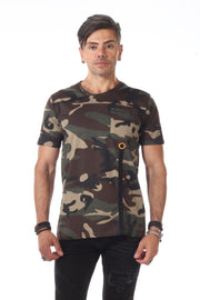 Camo Olive Fashion Tshirt with orange Ring Detail Below Pocket