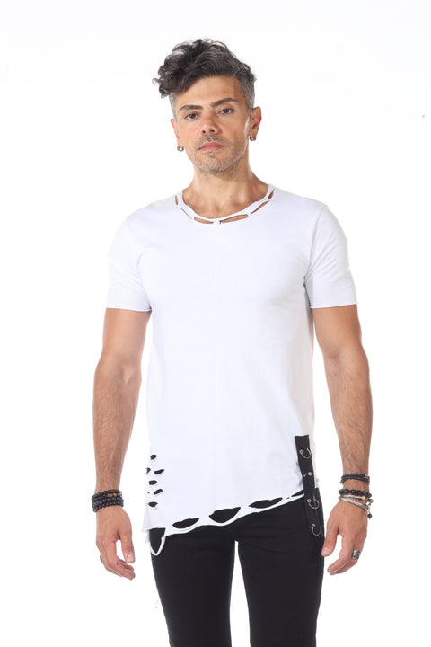 White Fashion Laser Cut Extended Tshirt With Black Strap Hanging and Loops With a Diagonal Cut In The Front Right