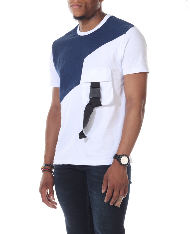 White & (Available In Black)Tshirt With Navy Blue Pin Stripes With Strap On Pocket