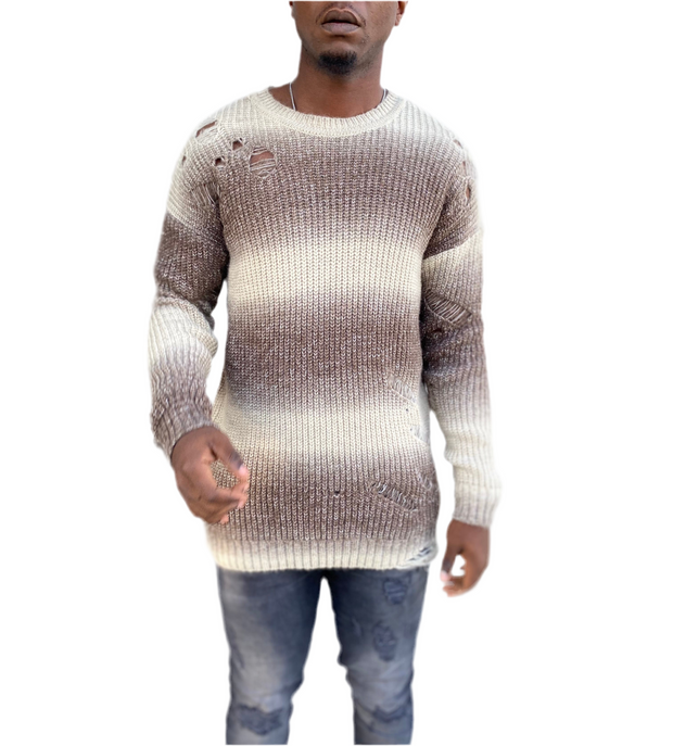 [Goozi] Coffee and Cream Knitted Distressed Crew Neck Light Weight