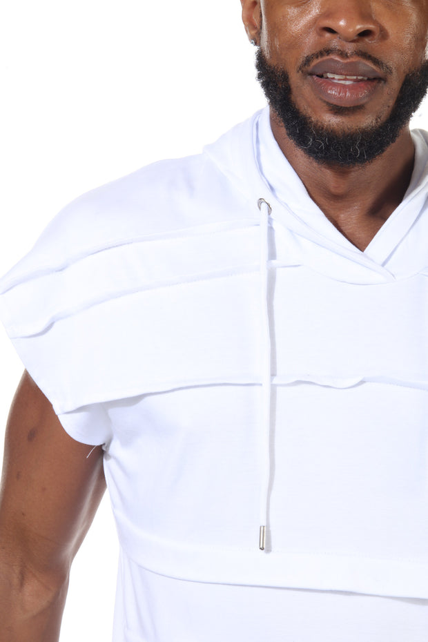 White Oversize Sleeveless Hoody With Layer Stitching Going Across Chest