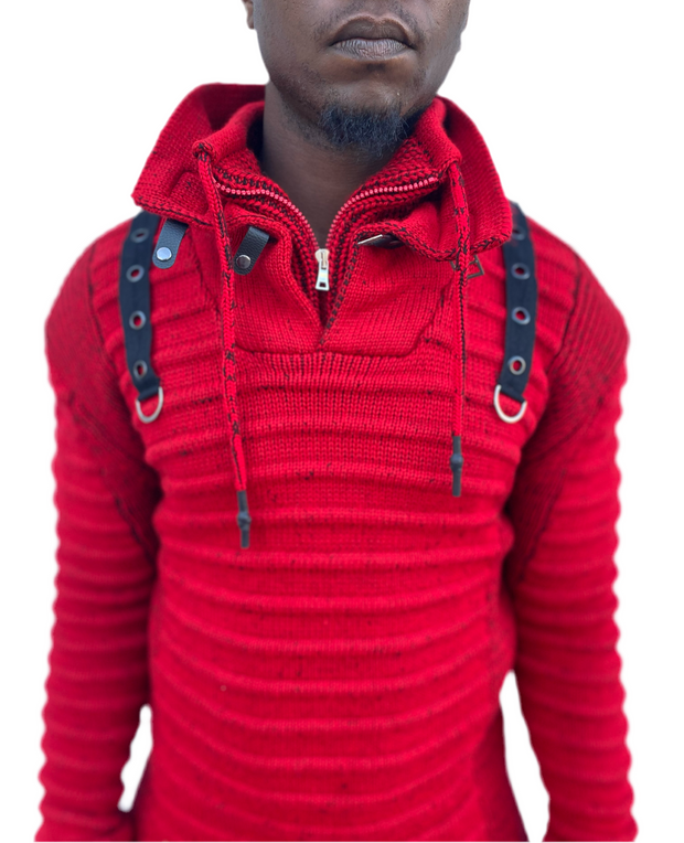 Red Fashion Long Sleeve Sweater Pull Over with Double Zip and Buckle On Neck