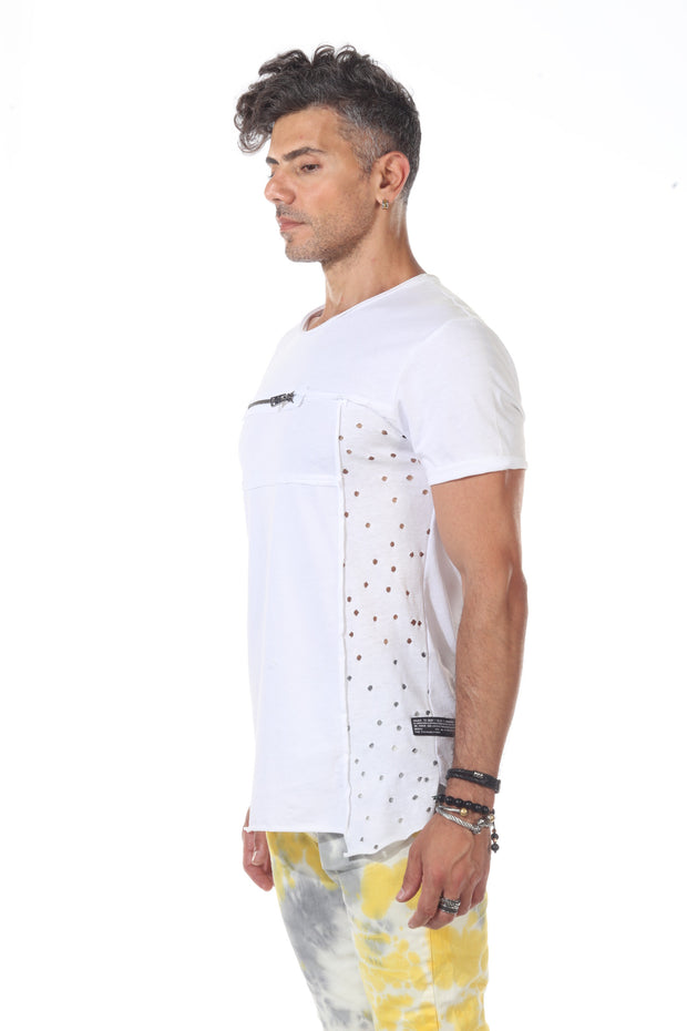 White Distress Tshirt With Zip On Chest and Holes on Side