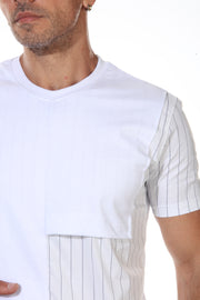 White Fashion T shirt With Pinstripes and Button