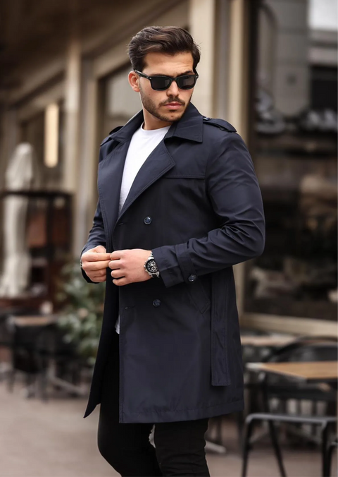 [Chicago]-Navy Double Breasted Water Repellent Trench Coat