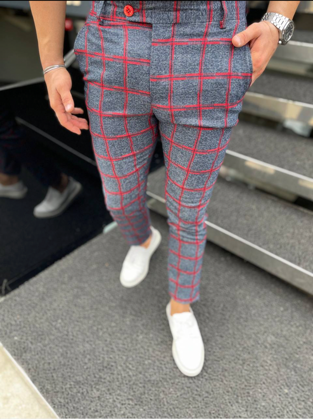 PLAID SLIM FIT CHINO PANTS