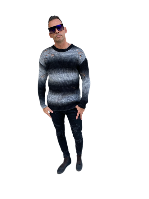 [Goozi] Black Knitted Distressed Crew Neck Light Weight