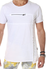 White Distress Tshirt With Zip On Chest and Holes on Side