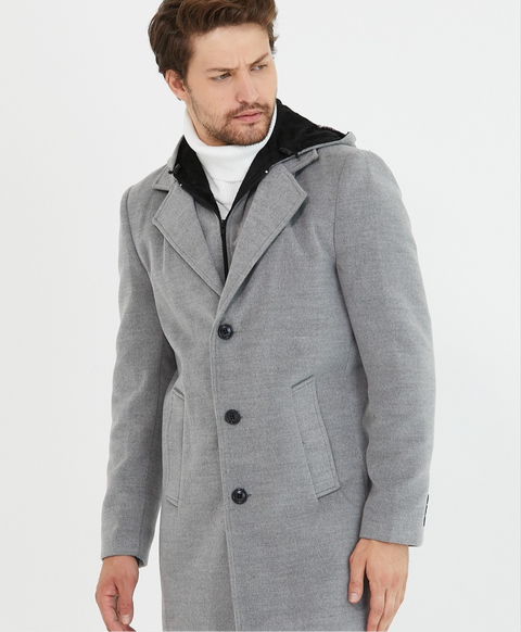 [Drew] Light Grey -Single Breasted 100% Wool Pea Coat With Removable Hood