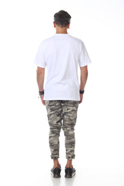 White Oversize Tshirt With Piping Layers Going Across Chest With Pocket on Side