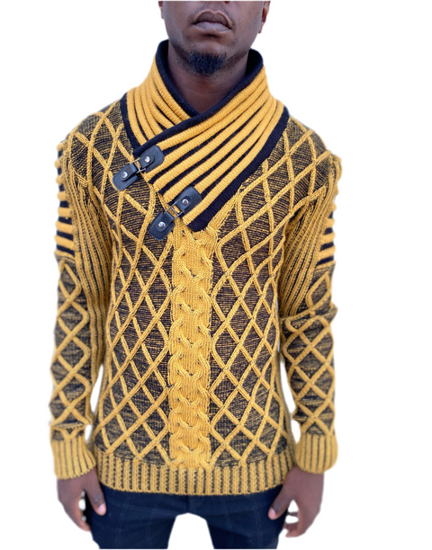 Mustard Shall Sweater Pull Over with Double Buckle On Neck