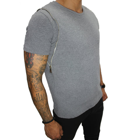 Light Grey Fashion Tee with Zip Details on Both Shoulders