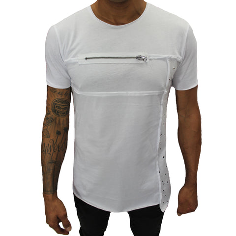 Tommy White Tee With Zipper And Side Texture Detail