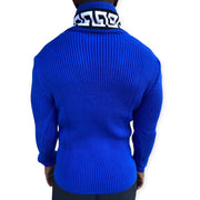 "Jetson" Blue Shawl Collar Men's Sweater with buckles