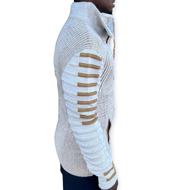 Beige Long Sleeve Sweater Pull Over with Double Zip and Buckle On Neck