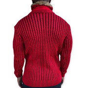 "Ezra" Red Wool Shawl Collar Sweater with Fur and Leather Wood Buttons