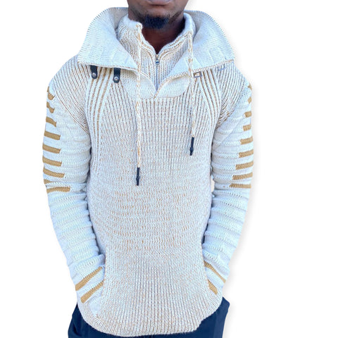 Beige Long Sleeve Sweater Pull Over with Double Zip and Buckle On Neck