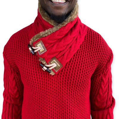 Red Shall Sweater Pull Over with Double Buckle On Neck with Fur