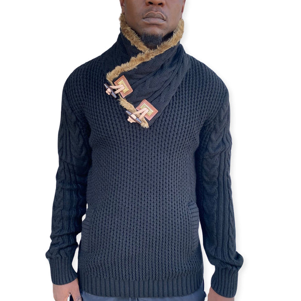 Black Shall Sweater Pull Over with Double Buckle On Neck with Fur