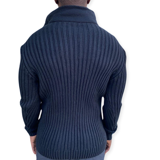 "Jordan" Black Men's Quarter Zip Wool Sweater with  Wood Buttons