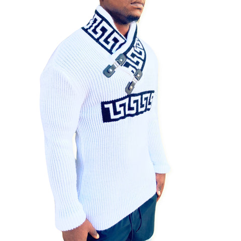 "Jetson" White Shawl Collar Men's Sweater with buckles