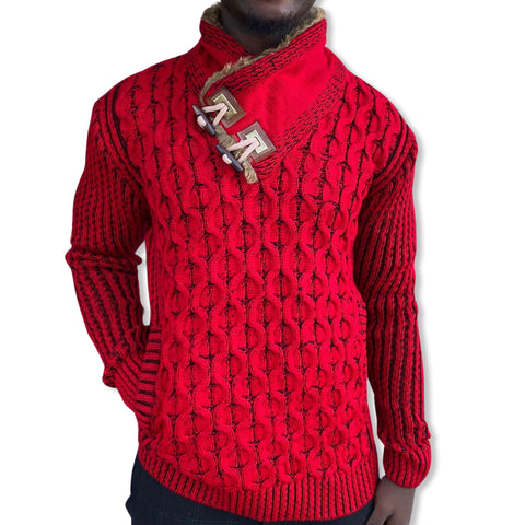 "Ezra" Red Wool Shawl Collar Sweater with Fur and Leather Wood Buttons