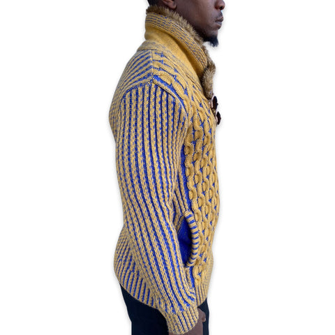 “Ezra” Yellow Wool Shawl Collar Sweater with Fur and Leather Wood Buttons
