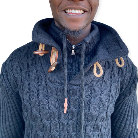 "Jordan" Black Men's Quarter Zip Wool Sweater with  Wood Buttons