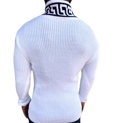 "Jetson" White Shawl Collar Men's Sweater with buckles
