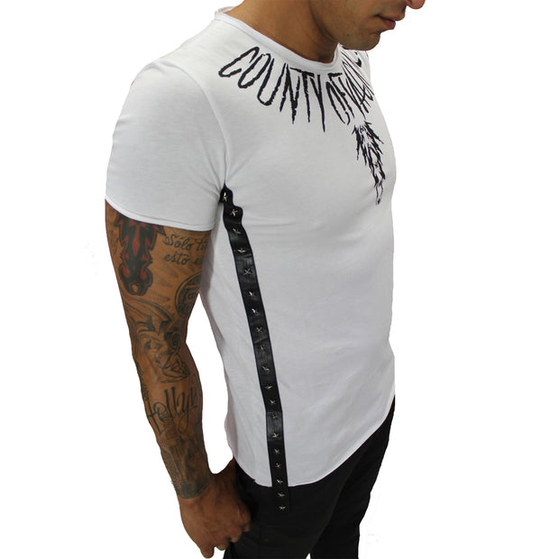 White Fashion Tee with leather stripe on side Detail