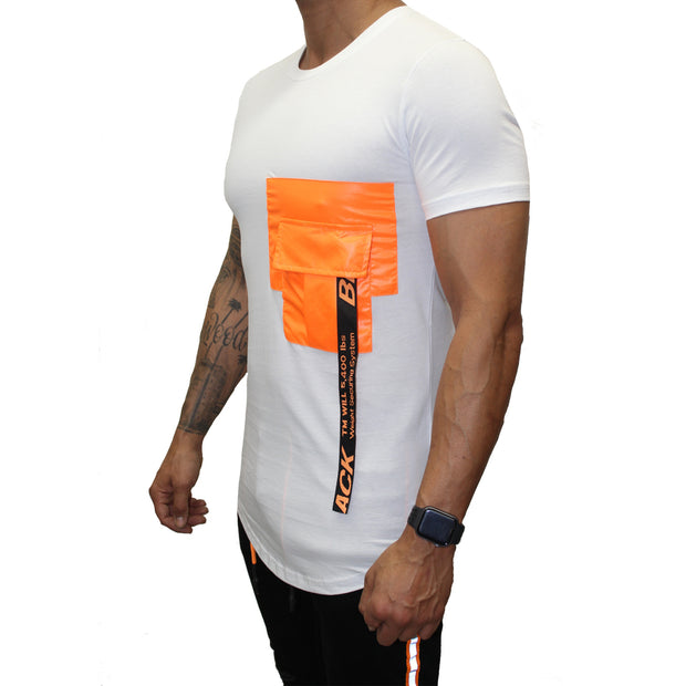 White Fashion T shirt With Orange Pocket & Band