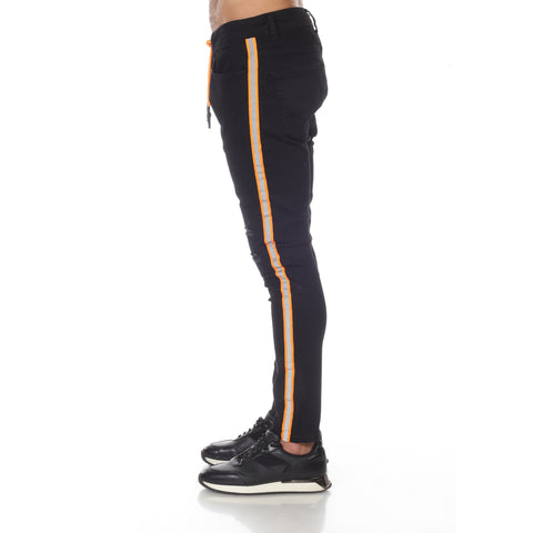 Black Fashion Jeans With Orange Night Reflector Distress & Piping