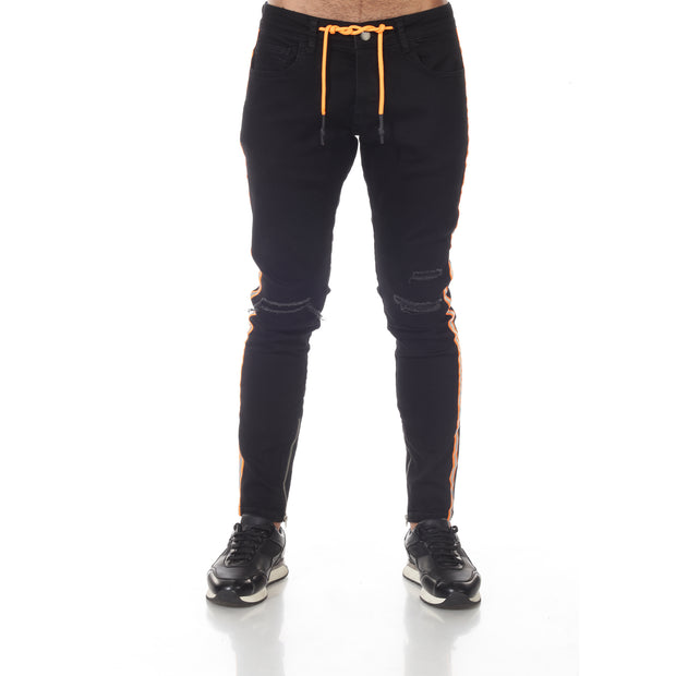 Black Fashion Jeans With Orange Night Reflector Distress & Piping