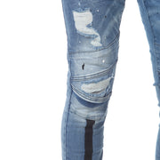 Fahion Distress Denim Jeans With Black Piping Below Knees