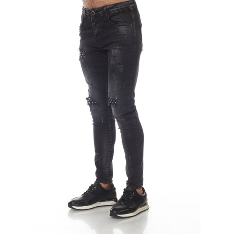 Black Washed Fashion Jeans With Metal Studs