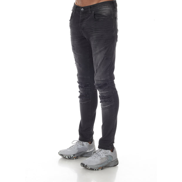 Moto Fashion Black Washed Fashion Jeans With Distress and Cut on Knees